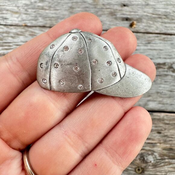 vintage Jewelry - Vintage Jewelry Silver Tone Baseball Hat Brooch Fancy Hat Pin Rhinestone Hat Pin
